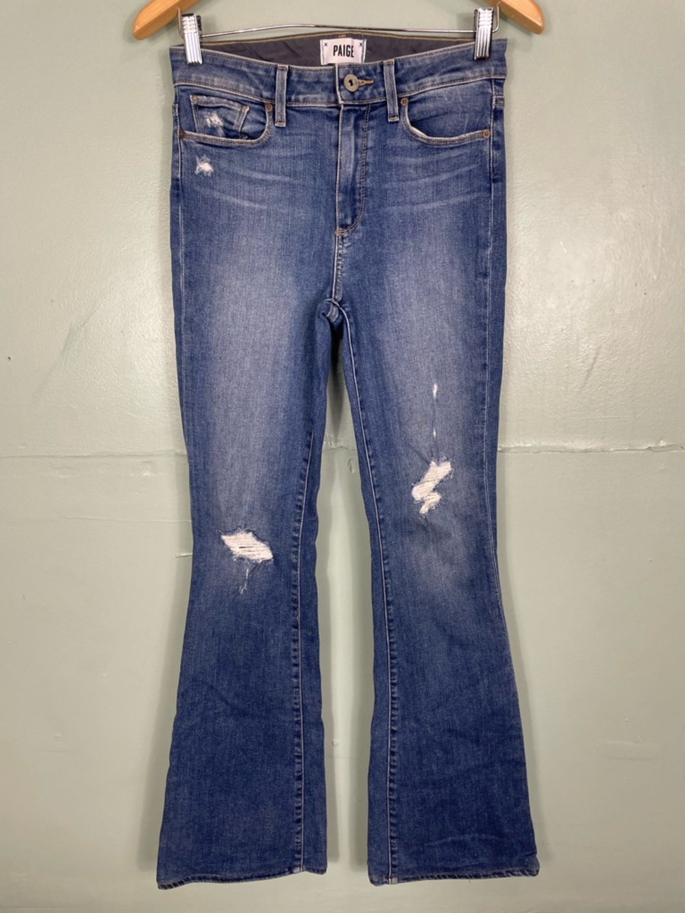 Paige‎ High Rise Bell Canyon Jeans Flare Denim Blue Women Sz 27 Distressed
